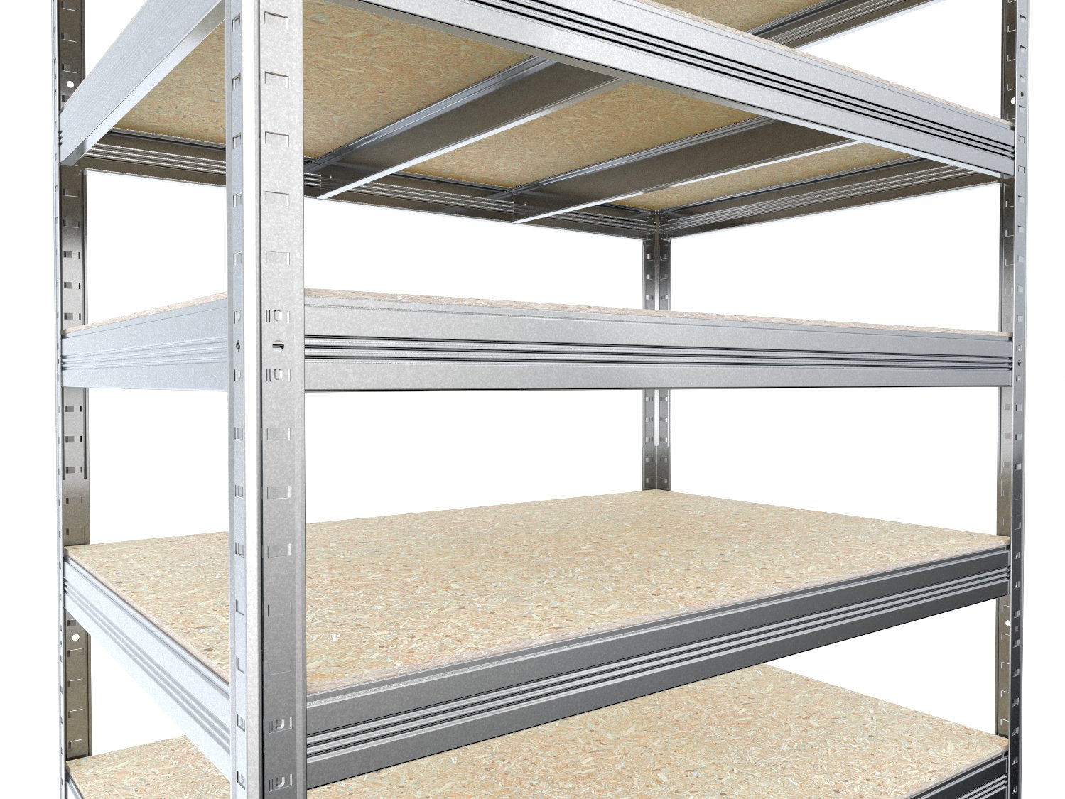 Bezšroubový systém montáže kovového regálu s OSB policemi